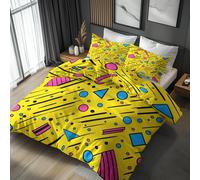 Double Duvet Cover Set 80s Retro - Yellow Geometric Bedding 3 Piece with 2 Pillow Cases - Reversible Design & Bedroom Decorations - Soft Microfibre Quilt Cover with Zip N&-2530