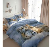Double Duvet Cover Set - All-Season Reversible Quilt Cover with Pillowcases, Microfibre Zipper Closure, Leopard In The Snow Bedding for Kids Adults Bedroom, Blue Gray