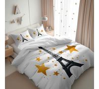 Double Duvet Cover Set - All-Season Reversible Quilt Cover with Pillowcases, Microfibre Zipper Closure, Eiffel Tower Stars Bedding for Kids Adults Bedroom, White