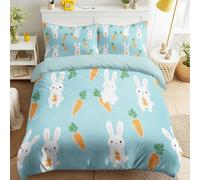 Double Duvet Cover Set - Animal Cute Bunny Rabbit Carrots for Children - Soft Microfiber Quilt Cover Bedding Set, Light Blue, Cartoon, Fade Resistant, Machine Washable
