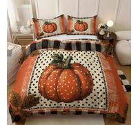 Double Duvet Cover Set Autumn Pumpkin 200x200cm Retro Buffalo Plaid Bedding Sets Reversible Printed Quilt Cover,Comfy Soft Easy Care Non Iron Breathable Microfiber Bed Set