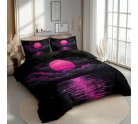 Double Duvet Cover Set, Black Microfibre Bedding with Neon Pink Moon and Cloud Design, Reversible Soft Artistic Modern Dreamy Bedroom Decor for children and adolescents, 200 x 200 cm