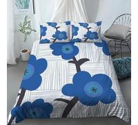 Double Duvet Cover Set Blue Flowers Soft Microfiber Striped Patchwork Bedding 3D Printed Quilt Cover 200x200 and 2 Pillowcases 50x75 with Zipper Closure Easy Care I.1998