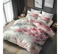 Double Duvet Cover Set Cherry Blossom, Reversible Quilt Cover, 2 Pillowcases, Chinese Asian Vintage Bedding 3 Piece Bedroom Decor, Soft Microfiber & Zip (BR49)
