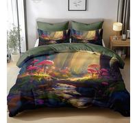 Double Duvet Cover Set Dreamlike Forest Mushrooms Sunshine 3D printed Bedding Set Soft Brushed Microfiber Polyester, Yellow Green Reversible Breathable Soft Bedding for Boys and Girls, All Season