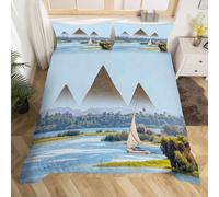 Double Duvet Cover Set Egypt Architecture 3D Printed The Nile River The Pyramids Bedding Set Soft Microfiber Quilt Cover Set 3 PCs Comforter Cover with Zipper Closure and 2 Pillowcases 50x75 cm A-1