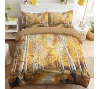 Double Duvet Cover Set - Elegant Birch Forest Path for Art Lovers - Soft Microfiber Quilt Cover Bedding Set, Yellow, Oil Painting, Reversible, Concealed Zipper