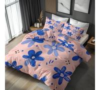 Double Duvet Cover Set Floral Bedding - 3 Piece with 2 Pillowcases, Blue Flowers Printed Design, for Bedroom Decor, Soft Brushed Microfiber, Zip Fastening - OC535