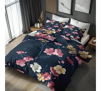 Double Duvet Cover Set Flower Country, Reversible Double Bedding Sets Rustic Floral Navy Blue Pattern for Bedroom Decor, Soft Microfibre Quilt Cover, 2 Pillowcases, Zip HHDB38