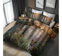 Double Duvet Cover Set Fox Forest, Reversible Double Bedding Sets 3D Wild Animal Pattern for Bedroom Decor, Soft Microfibre Quilt Cover, 2 Pillowcases, Zip YAE135