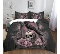 Double Duvet Cover Set Gothic Skull Crow Rose Flower - 3 PCS Pink Grey Bedding Set - Ultra Soft Anti Allergic Non Iron Microfiber Quilt Cover with Pillowcases for Teens, Adults & Children