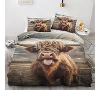 Double Duvet Cover Set, Highland Cow Pattern, Funny Animal Bedding Sets, Reversible Quilt Cover Set 3 pcs with Zip and 2 Pillowcase 50x75 cm, Soft Brushed Microfibre Bed Set (L&-1831)