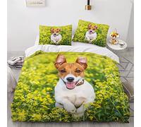 Double Duvet Cover Set Jack Russel On Flower Meadow 3d Printed Bedding Quilt Cover Set 3 Pieces Soft Microfiber Comforter Cover with Zipper Closure and 2 Pillowcases For kids and Teens -200x200cm