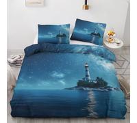Double Duvet Cover Set Lighthouse - Nautical Bedding 3 Piece with 2 Pillow Cases - Reversible Design & Bedroom Decorations - Soft Microfibre Quilt Cover with Zip M&-7636