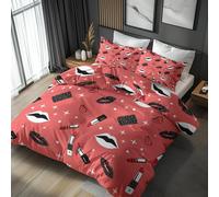 Double Duvet Cover Set Lipstick - Red Lips Bedding 3 Piece with 2 Pillow Cases - Reversible Design & Bedroom Decor - Soft Microfibre Quilt Cover with Zip L&-6971
