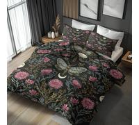 Double Duvet Cover Set Moth Floral, Reversible Double Bedding Sets Boho Gothic Botanical Pattern for Bedroom Decor, Soft Microfibre Quilt Cover, 2 Pillowcases, Zip TAE125