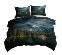 Double Duvet Cover Set Nature Mountains Lakes 3D printed Bedding Set Soft Brushed Microfiber Polyester, Blue Green Reversible Breathable Soft Bedding for Boys and Girls, All Season