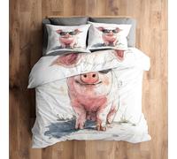 Double Duvet Cover Set Pig Bedding - 3 Piece with 2 Pillowcases, Funny Farmhouse Animals Printed Design, for Bedroom Decor, Soft Brushed Microfiber, Zip Fastening - OI730