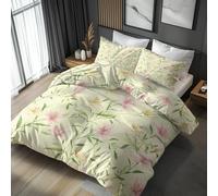 Double Duvet Cover Set Pink Yellow Floral, Reversible Double Bedding Sets Green Leaf Flower Pattern for Bedroom Decor, Soft Microfibre Quilt Cover, 2 Pillowcases, Zip KN63