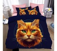 Double Duvet Cover Set Portrait Style Microfiber Bedding Set Orange Cat Breathable Quilt Cover 200 x 200 cm with Zipper Closure and 2 Pillowcases 50x75cm,Dark Blue