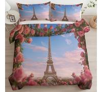Double Duvet Cover Set Powder Blue, Dreamy Eiffel Tower Pink Roses Premium Brushed Microfiber Bedding Set Ultrasoft Hypoallergenic Duvet Cover Set Non Iron Luxury Bedding Sets With Zipper Closure