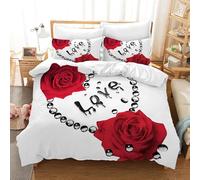 Double Duvet Cover Set Red Roses Soft Microfiber Rose Flower Bedding 3D Printed Quilt Cover 200x200 and 2 Pillowcases 50x75 with Zipper Closure Easy Care E-706