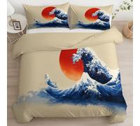 Double Duvet Cover Set Reversible Japanese style Ocean Red Sun Landscape, Ultra Soft Comfy Premium Microfiber Bedding Set - Beige Bedding Easy Care Boys Kids Quilt Covers with Pillowcase