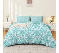 Double Duvet Cover Set Size 200 x 200 cm With Pillowcase, Soft Blue Brushed Microfiber Bedding with Zipper Closure and 4 Corner Ties - Vintage Elegant Classic Geometric Flowers Printed Duvet Cover