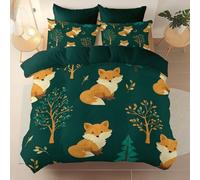 Double Duvet Cover Set Size 200 x 200 cm With Pillowcase, Soft Green Brushed Microfiber Bedding with Zipper Closure and 4 Corner Ties - Minimalist Cute Animals Foxes Printed duvet cover