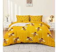 Double Duvet Cover Set Size 200 x 200 cm With Pillowcase, Soft Yellow Brushed Microfiber Bedding with Zipper Closure and 4 Corner Ties - Cartoon Minimalist Classic Geometric Bees Printed Duvet Cover