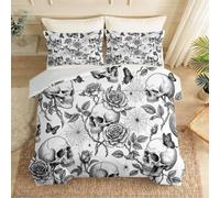Double Duvet Cover Set, Skulls Flowers Leaves Butterflies Printed Microfiber All Season Bedding Set with 2 Pillow, Gothic Hand-Drawn Machine Washable Duvet Cover for Teens Adults, 200 x 200 cm