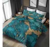 Double Duvet Cover Set Teal Gold Marble - Abstract Bedding 3 Piece with 2 Pillow Cases - Reversible Design & Bedroom Decor - Soft Microfibre Quilt Cover with Zip N&-4085