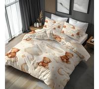 Double Duvet Cover Set Teddy Bear, Reversible Double Bedding Sets Cartoon Cloud Star Pattern for Bedroom Decor, Soft Microfibre Quilt Cover, 2 Pillowcases, Zip FV126