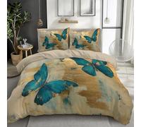 Double Duvet Cover Set Theme Gold Foil Retro Butterfly Soft Flannel Quilt Bedding Covers with 2 Pillowcases Light Yellow200 x 200 cm Reversible Microfiber Home Decor Duvet Cover With zip closure