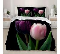 Double Duvet Cover Set Tulip Soft Microfiber Romantic Summer Flowers Bedding 3D Printed Quilt Cover 200x200 and 2 Pillowcases with Zipper Closure Easy Care D-2573
