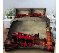 Double Duvet Cover Set,Ultra Soft Breathable Brushed Microfiber Bedding Set With Zipper Closure,City Landscape London Double-Decker Bus Print Bed Quilt Cover + 2 ×Pillowcases,200x200cm
