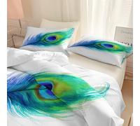 Double Duvet Cover Set Watercolor Peacock Feathers Print Bedding, Soft Brushed Microfiber Minimalism Quilt Cover witn Pillow Cases, Easy Care Reversible Duvet Set for Teens Girls Kids