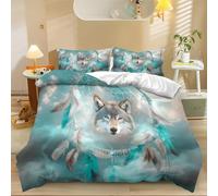 Double Duvet Cover Set Wolf Dream Catcher Feather Bedding Set with 2 Pillowcases, boho feather duvet cover Soft Brushed Microfiber Printed Bedding, Zip Closure, Easy Care