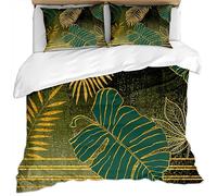 Double Duvet Cover Sets 200X200Cm - 3 Pcs Dark Green Background With Gold Leaves, Tropical Style, Luxury Fashion Art Gold Foil Pattern Bedding Sets For Kids Girls, Ultra Soft Fluffy Microfiber Chri