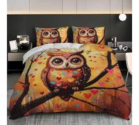 Double Duvet Cover Sets 79x79 inch - Soft & Breathable Brushed Microfibre Brown Duvet Cover for Adults - Zipper Quilt Cover Set, Easy Care Colorful Heart Owl Bedding Set