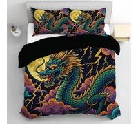 Double Duvet Cover Sets, Comfy Breathable Auspicious Clouds And Giant Dragon Bedding Set Ultrasoft Reversible American Retro Pop Art Quilt Cover Non Iron with Pillowcases, 200x200cm Green