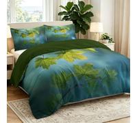 Double Duvet Cover Sets - Modern Plant Maple Leaf Reversible Breathable Bedding with Zipper, Green Stylish Microfiber Natural Photography Printed Quilt Cover for All Season with 2 Pillowcases