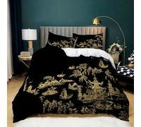 Double Duvet Cover Sets Oriental Style Golden Pattern - 3 Pcs Soft Microfibre Printed Bedding Set - Fade and Wrinkle Resistant Quilt Cover Bed Set with Pillowcases Bedding Deco