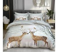Double Duvet Cover Sets, Winter Theme Deer Snowfield Bedding Sets with Zipper Closure, 3 Piece Patterned Bedding Set, Ultra Soft Microfiber Duvet Cover with 4 Corner Ties (200x200cm, Light brown)