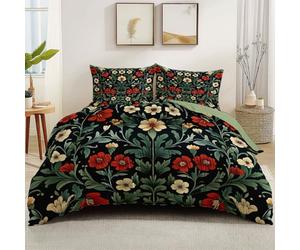 Double Duvet Cover William Morris style flowers 3 Pieces Sets Bedding - Easy Care Reversible Soft 100% Microfiber green Set with zipper Closure and 4 Corner Ties for Family Use Children