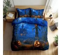 Double Duvet Covers Set Microfiber Blue Bedding Set with 2 Pillowcases, Breathable Non Iron Reversible Halloween Scarecrow Pumpkin Haunted House Duvet Cover with Zipper Closure, 3Pcs, 200 x 200 cm