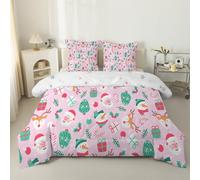 Double Duvet Father Christmas Quilt Double 7.5 Tog Reindeer Reversible Coverless Duvet Soft Comforter Set With 2 Pillowcases - Lightweight and Machine Washable, 200x200 cm - Pink 46