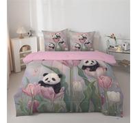Double Duvet Magical Panda Coverless Duvet Reversible All Seasons Quilt Double Size 7.5tog, Tulip Flowers Design Comforter Machine Washable for Bed Summer Winter, Lightweight, 2 Pillowcases &V80