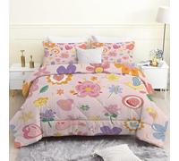 Double Duvet, Pink Florals Reversible Coverless Duvet Double, Soft Warm All Seasons Comforter Machine Washable Microfiber Quilt with 2 Pillowcases, 200x200 cm, Hearts