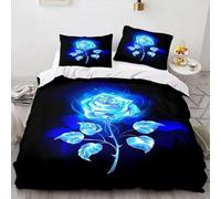 Double Duvet Set Blue Rose Fluffy Double Duvet Cover 110g/㎡ Microfiber Bedding Double Bed Set with Zipper + 2 Pillow Cases (19"x29") Also as Teenage Home Decor
